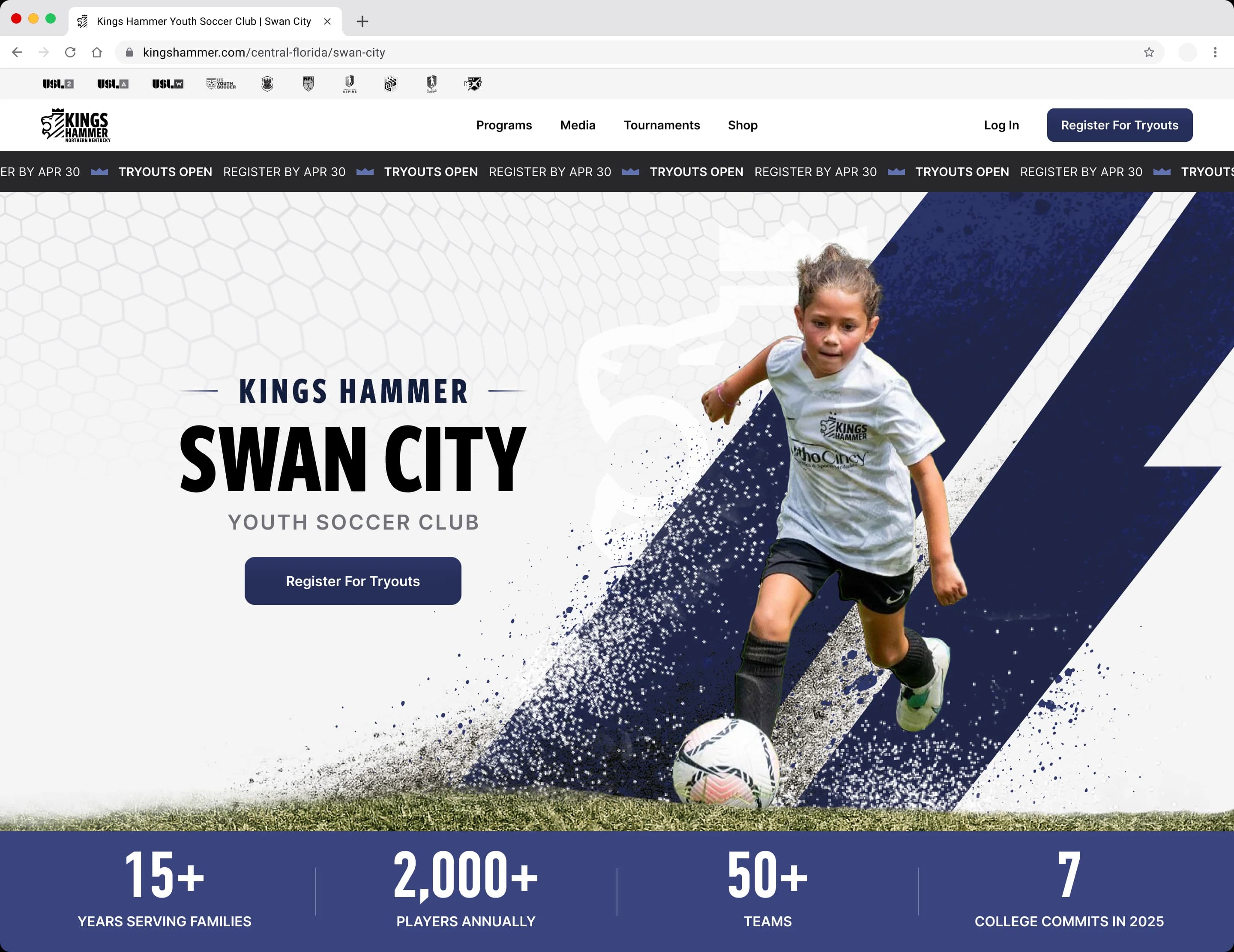 Swan City club hero using the shared layout with blue local color