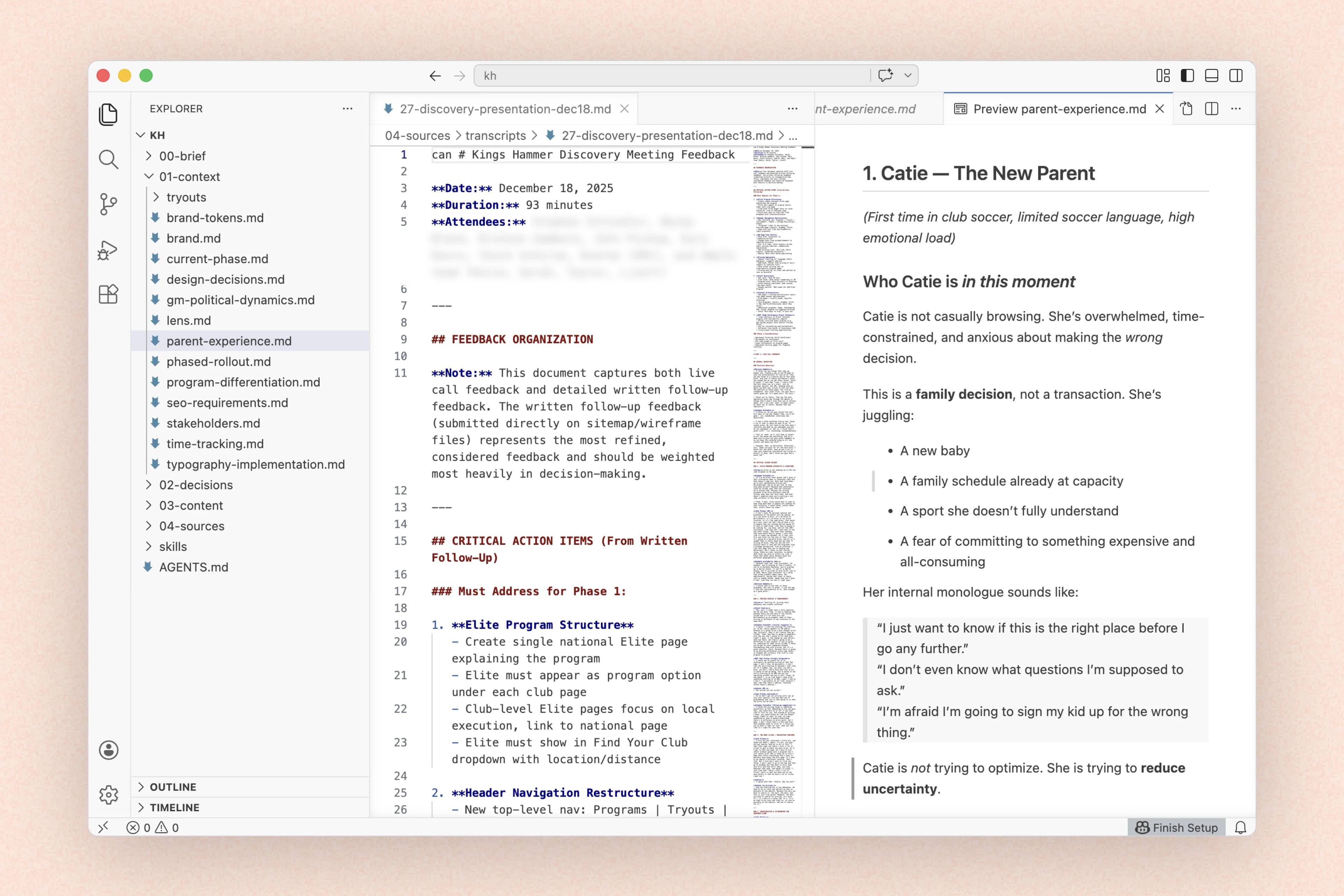 Context system: raw transcript next to analysis file