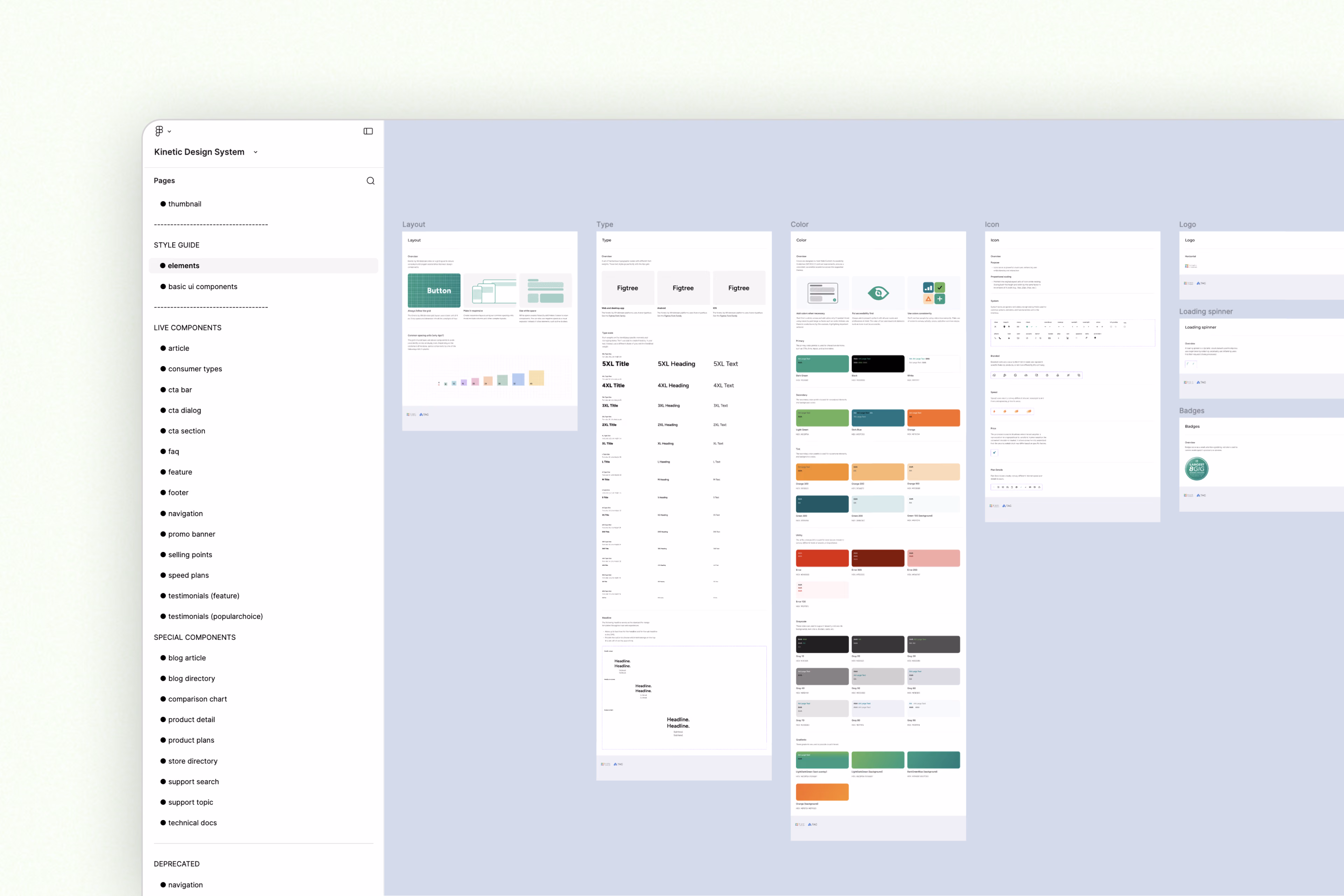 Kinetic design system in Figma: style guide, components, color, type, grid, logo, icons