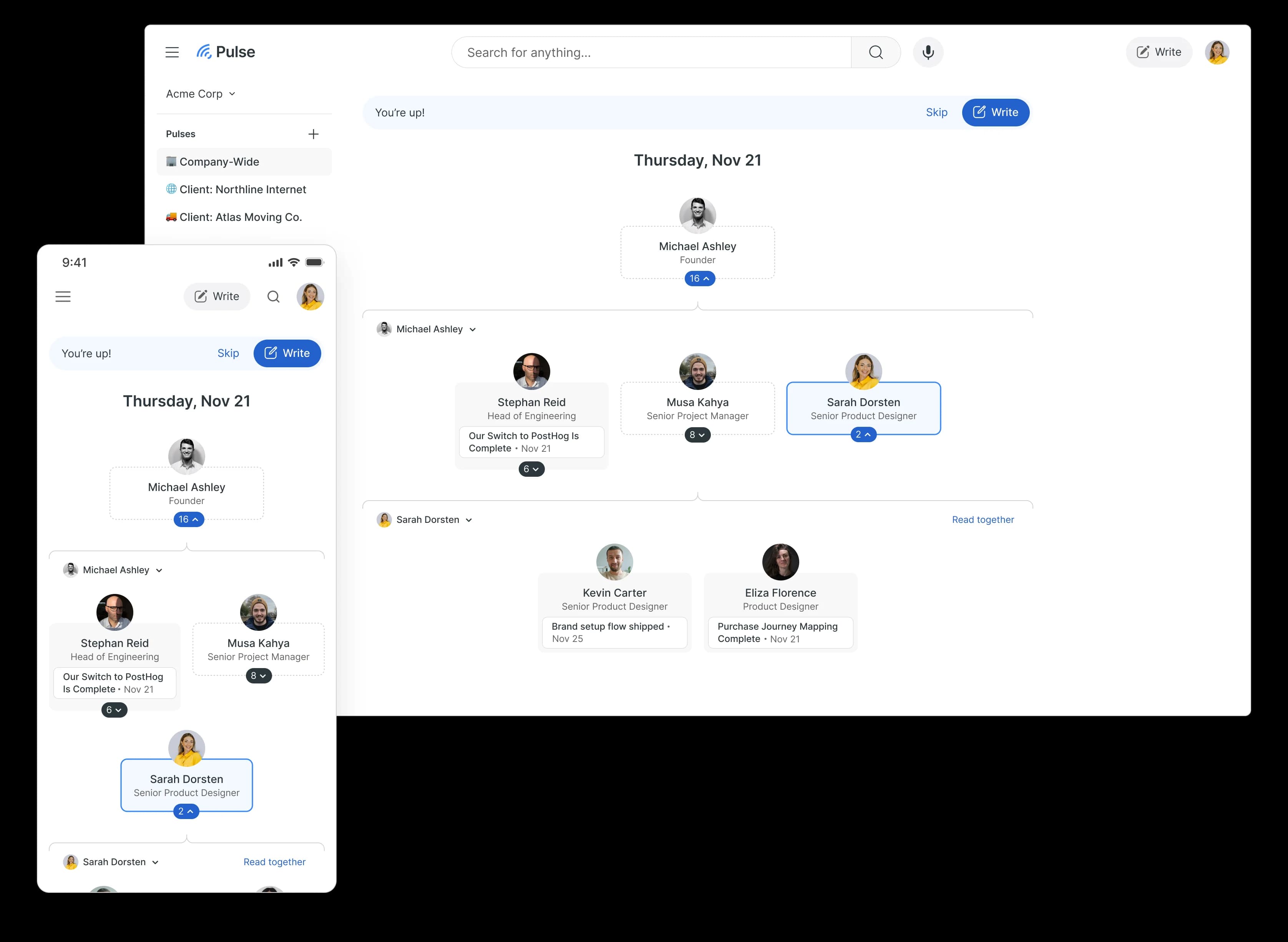Pulse rollup — updates compound up the org ladder
