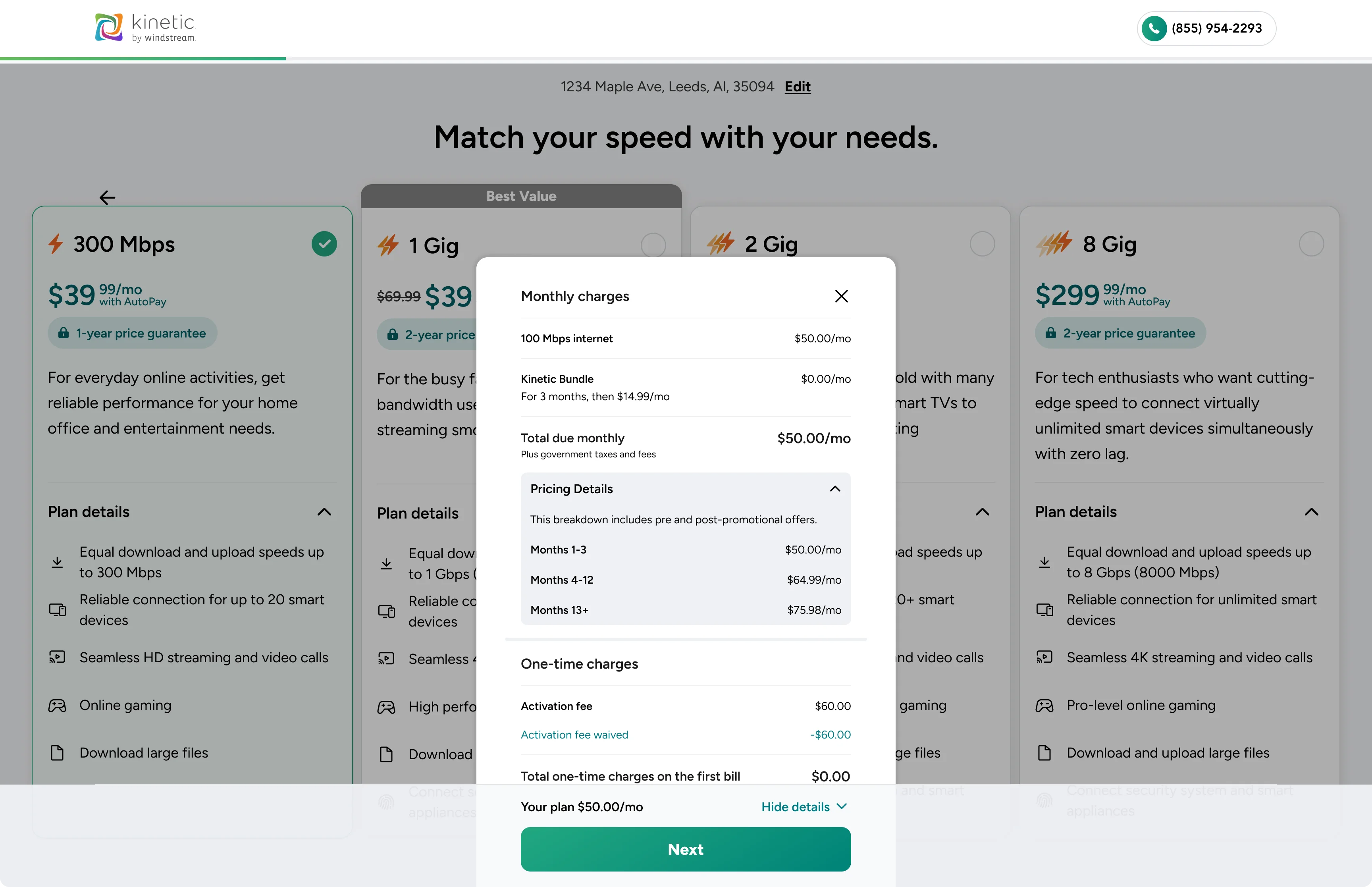 The Kinetic pricing-details design separating monthly charges, a month-by-month price breakdown, and one-time charges with a waived activation fee