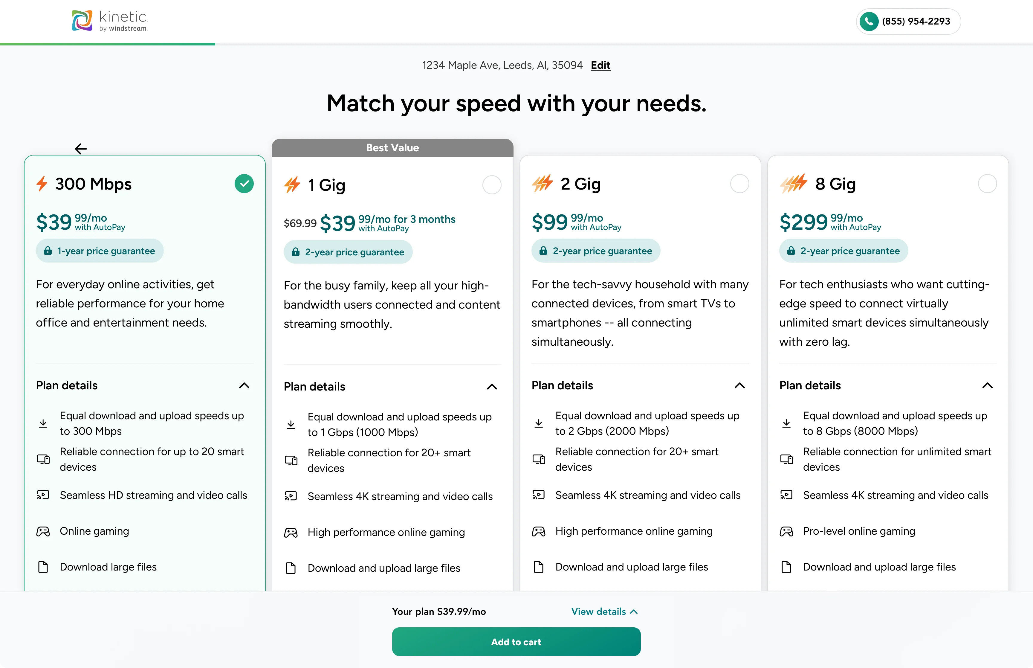 Sarah's Kinetic plan-selection redesign with four fiber plans side by side, prices and price guarantees visible, one plan selected, and the cart total pinned at the bottom