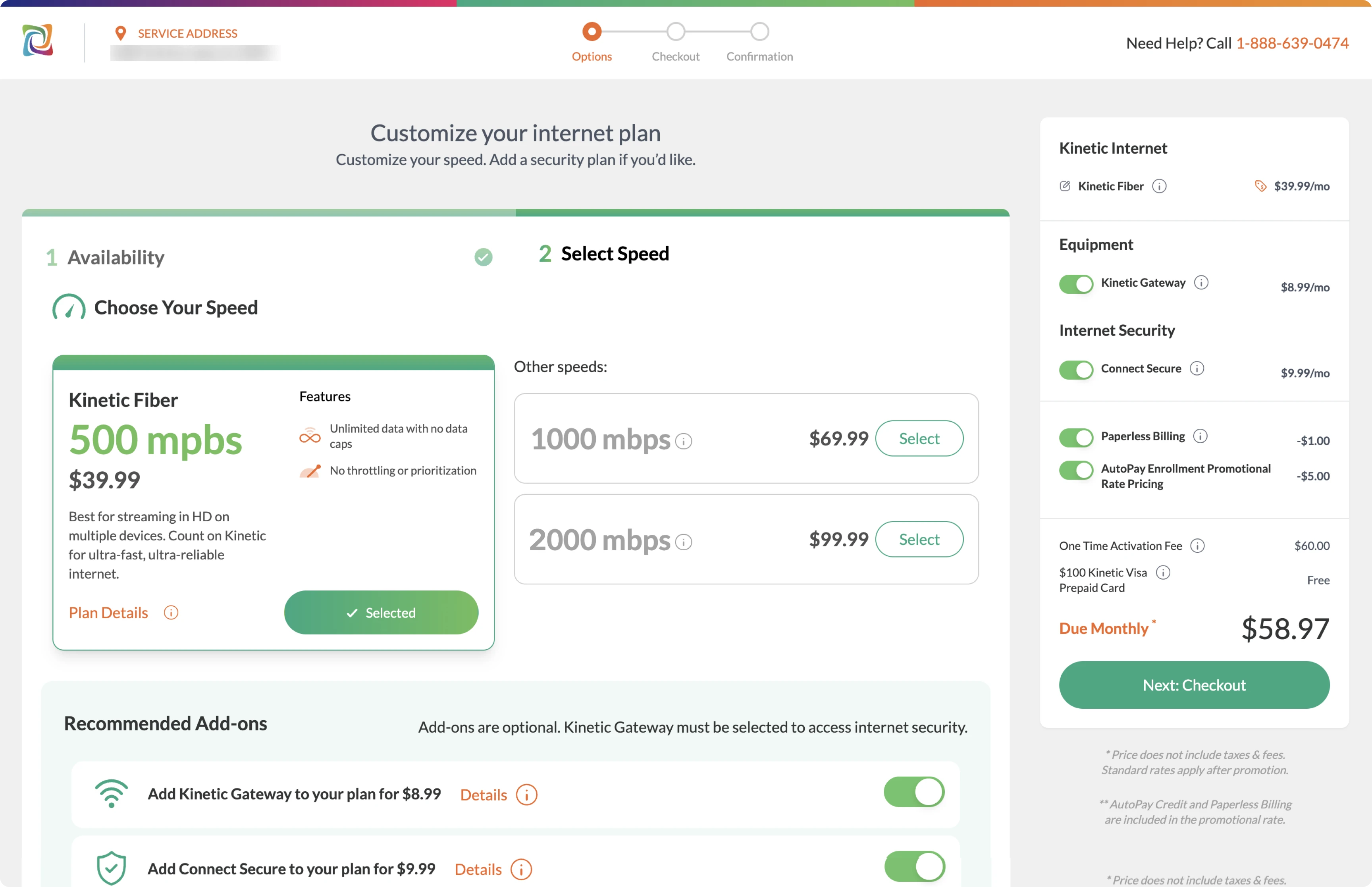 The live Kinetic speed-plan page before the engagement, showing one selected plan, two other speeds, add-ons, and the order summary